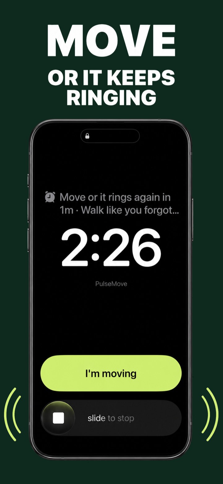 PulseMove stand-up reminder ringing as a full lock-screen alarm with the message 'Move or it rings again in 1m'