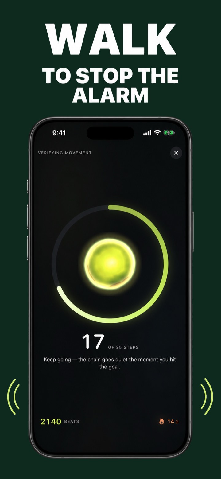 PulseMove verifying movement with a progress ring at 17 of 25 steps after a walk-to-dismiss alarm