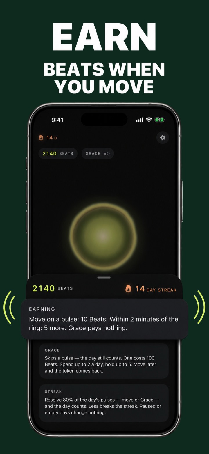 PulseMove Beats economy screen showing earning rules, Grace tokens and streak requirements