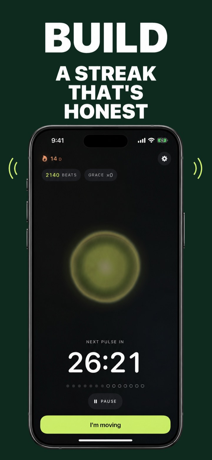 PulseMove home screen showing a 14-day streak, Beats balance and a visible countdown to the next pulse