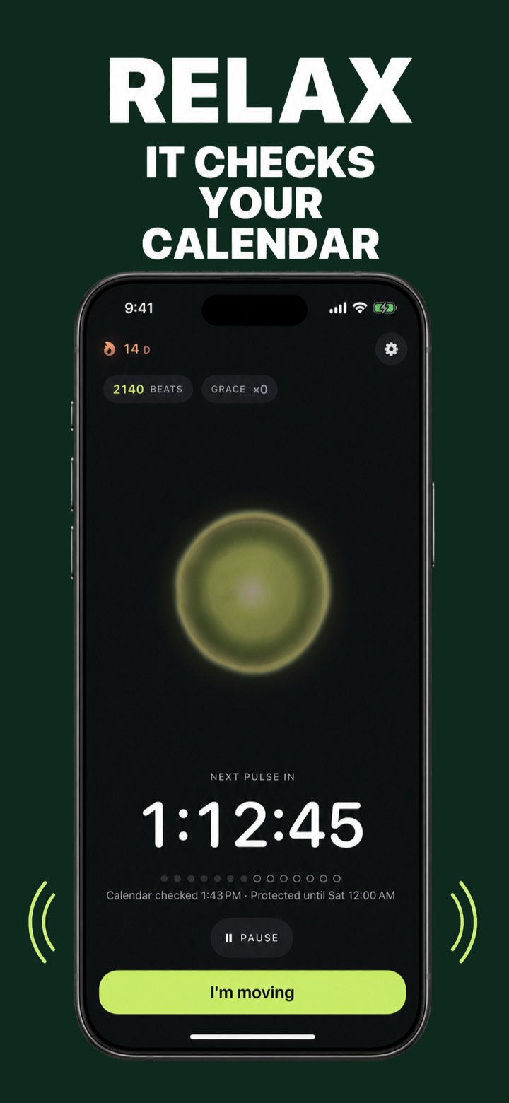 PulseMove skipping a movement pulse during a calendar meeting, showing a protected-until status
